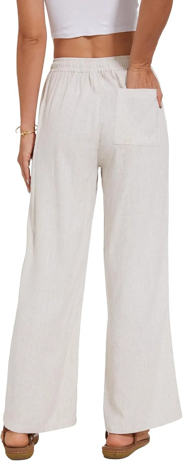 Women's Linen Pants Wide Leg High Waisted Drawstring Summer Beach Vacation Casual Pants with Pockets