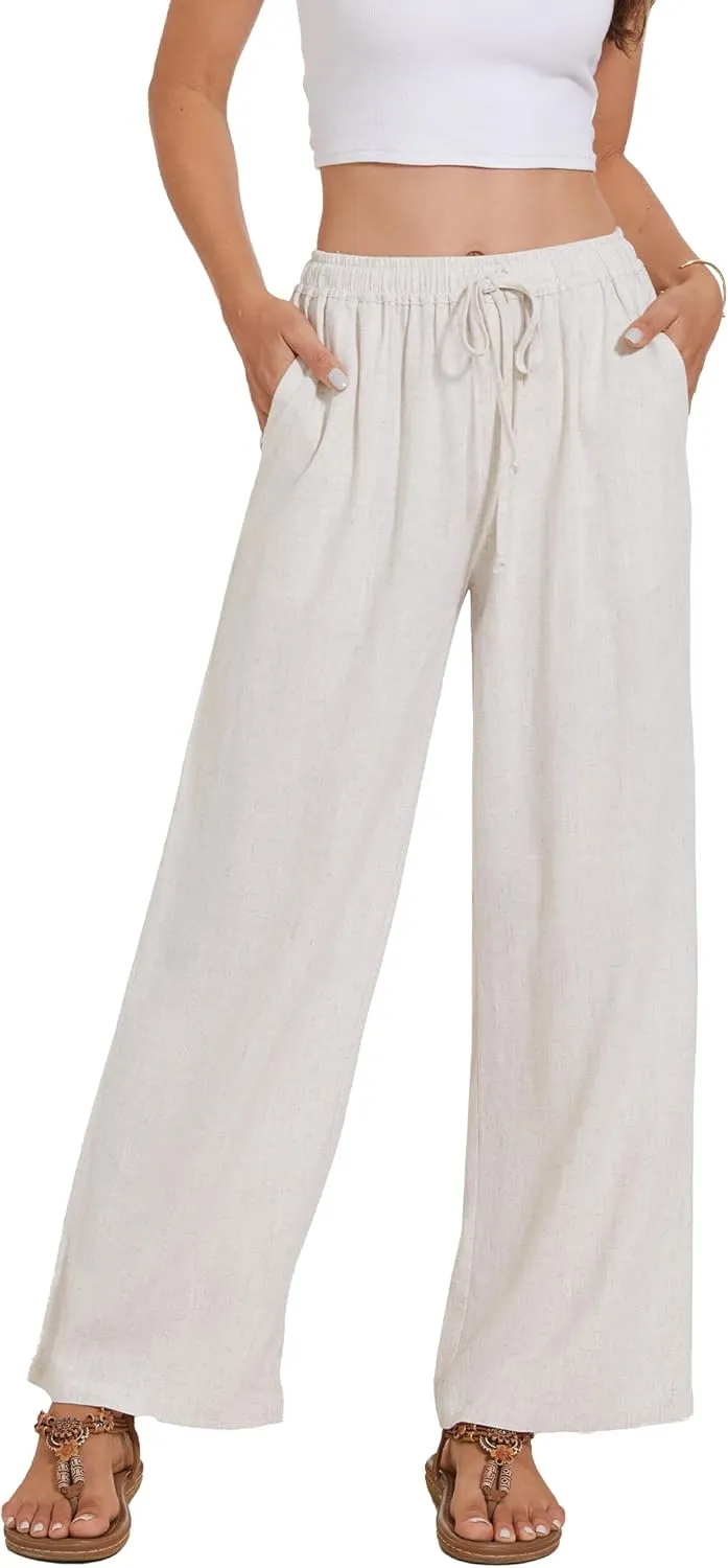 Women's Linen Pants Wide Leg High Waisted Drawstring Summer Beach Vacation Casual Pants with Pockets