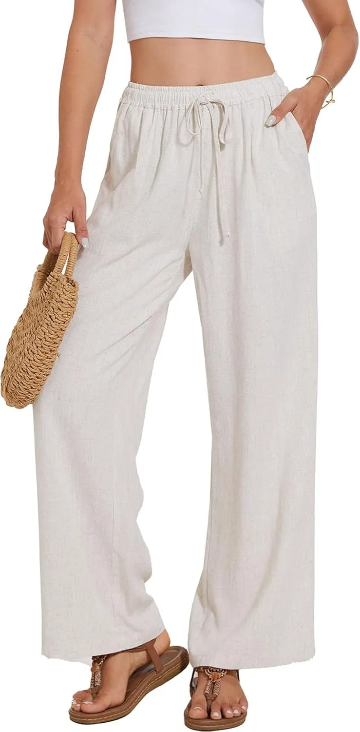 Women's Linen Pants Wide Leg High Waisted Drawstring Summer Beach Vacation Casual Pants with Pockets