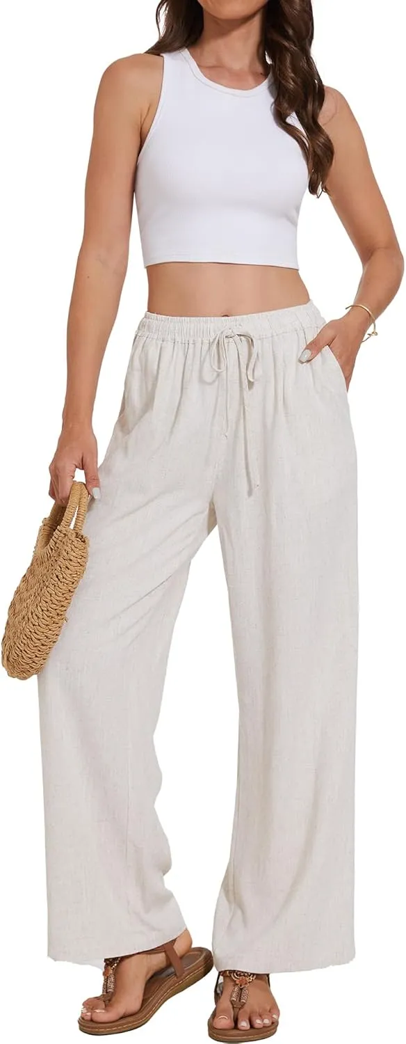 Women's Linen Pants Wide Leg High Waisted Drawstring Summer Beach Vacation Casual Pants with Pockets
