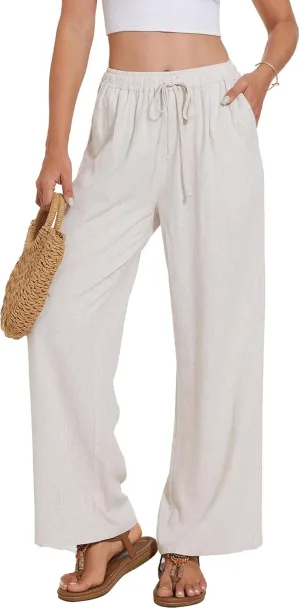 Women's Linen Pants Wide Leg High Waisted Drawstring Summer Beach Vacation Casual Pants with Pockets