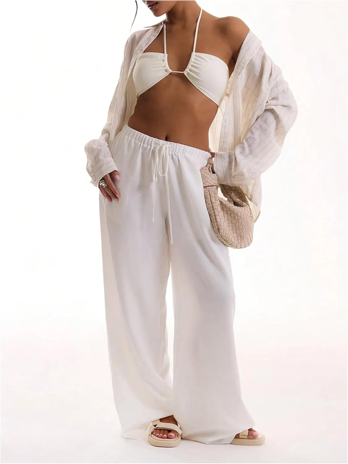 Womens Linen Pants Wide Leg Loose Cotton Swimsuit Coverups Summer Pants Beach Vacation Outfits