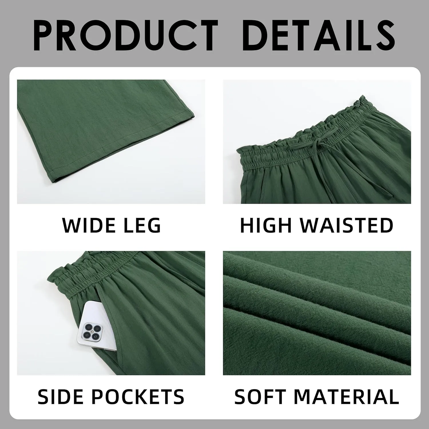 Womens Linen Wide Leg Pants High Waisted Drawstring Baggy Loose Beach Pants with Pockets