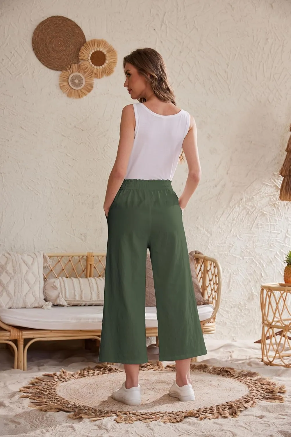 Womens Linen Wide Leg Pants High Waisted Drawstring Baggy Loose Beach Pants with Pockets