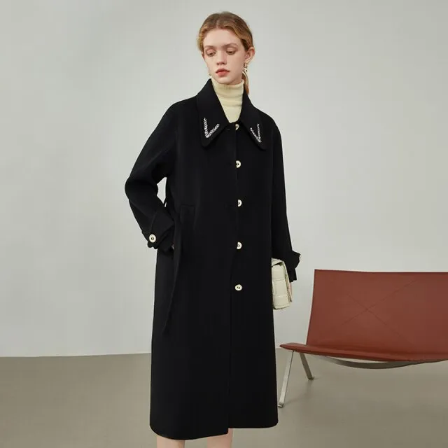 Women's Mid-length Winter Black Double-sided Woolen Coats Neckline Pearl Embroidery Design Blue Pure Wool Jackets