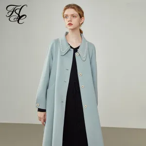 Women's Mid-length Winter Black Double-sided Woolen Coats Neckline Pearl Embroidery Design Blue Pure Wool Jackets