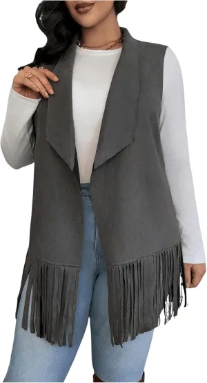 Women's Plus Size Fringe Suede Vest 70s Hippie Faux Western Jacket Tassel Sleeveless Cardigan