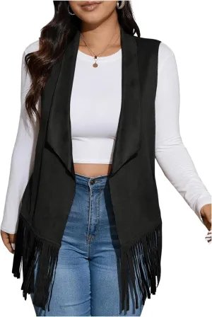 Women's Plus Size Fringe Suede Vest 70s Hippie Faux Western Jacket Tassel Sleeveless Cardigan