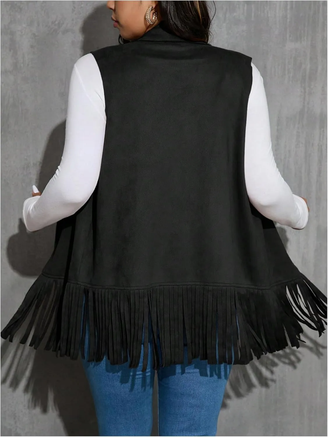 Women's Plus Size Fringe Suede Vest 70s Hippie Faux Western Jacket Tassel Sleeveless Cardigan
