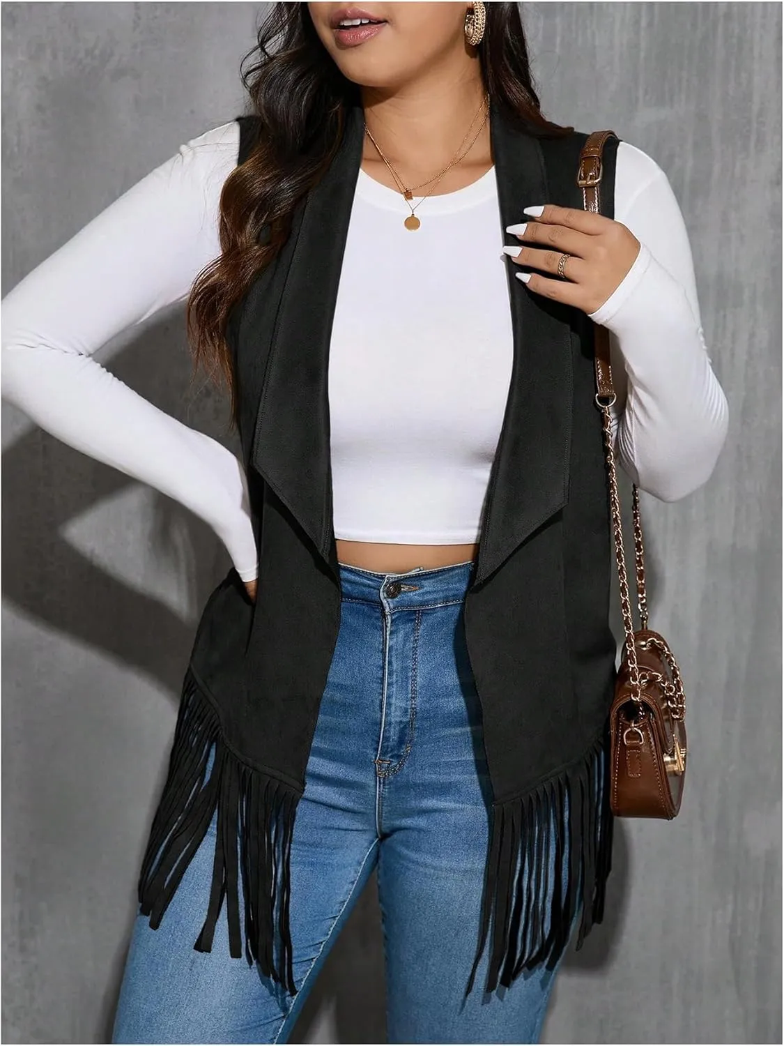 Women's Plus Size Fringe Suede Vest 70s Hippie Faux Western Jacket Tassel Sleeveless Cardigan