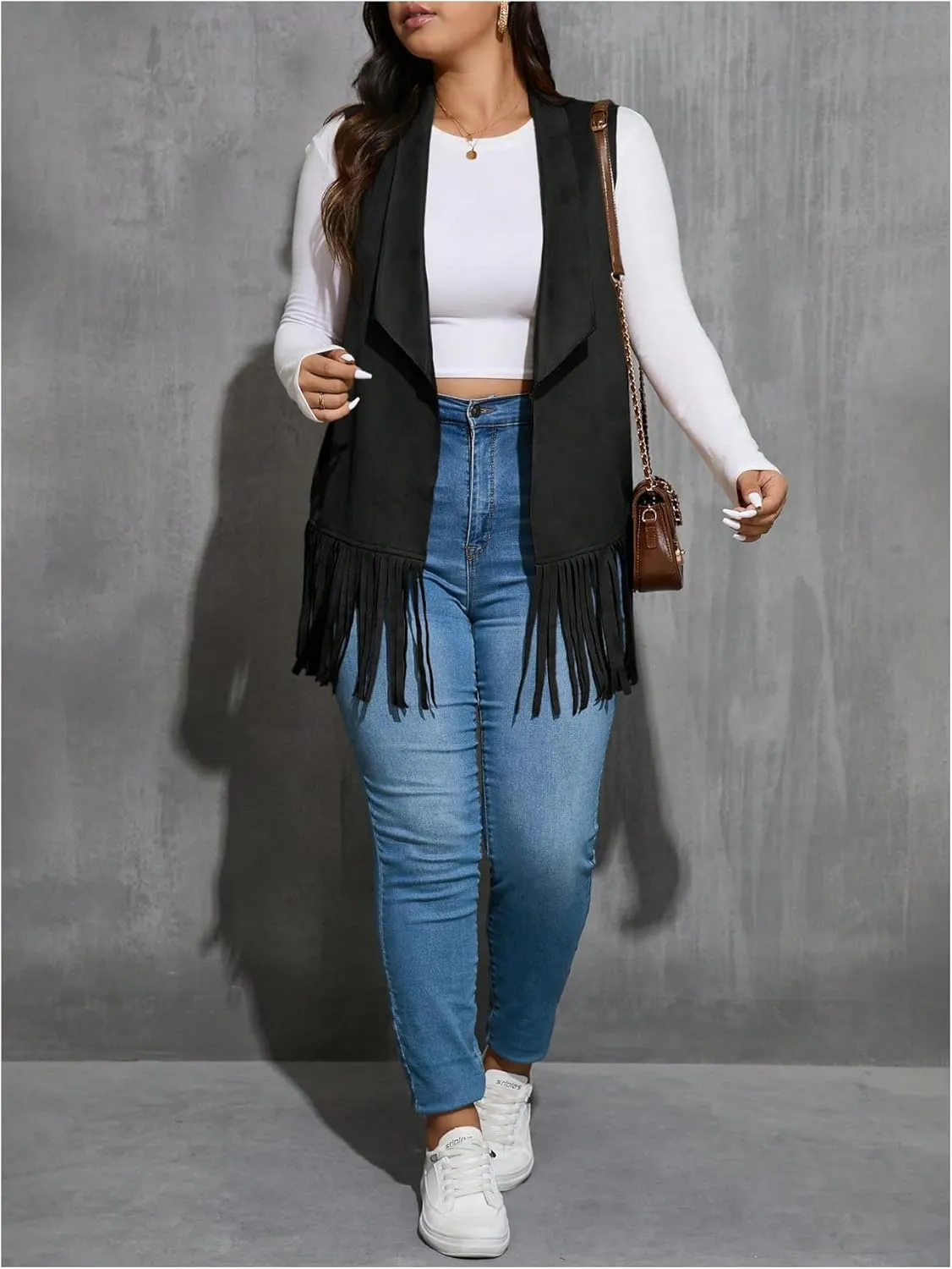 Women's Plus Size Fringe Suede Vest 70s Hippie Faux Western Jacket Tassel Sleeveless Cardigan