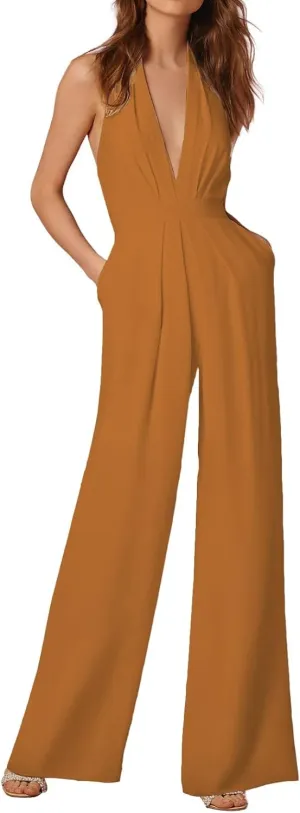 Women's Sexy Deep V Neck Halter Jumpsuits High Waist Wide Leg Long Pants Wedding Rompers Overalls with Pockets