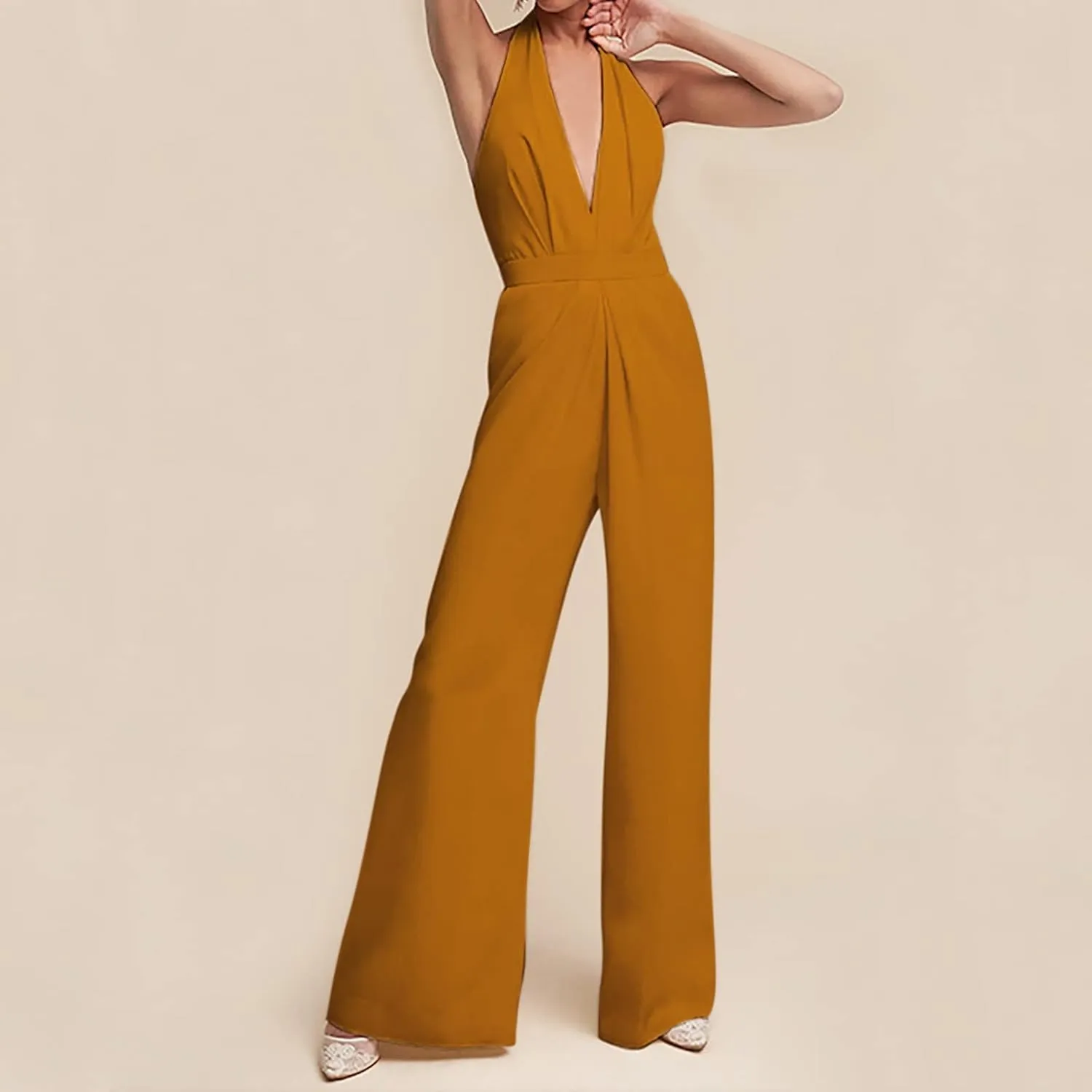 Women's Sexy Deep V Neck Halter Jumpsuits High Waist Wide Leg Long Pants Wedding Rompers Overalls with Pockets