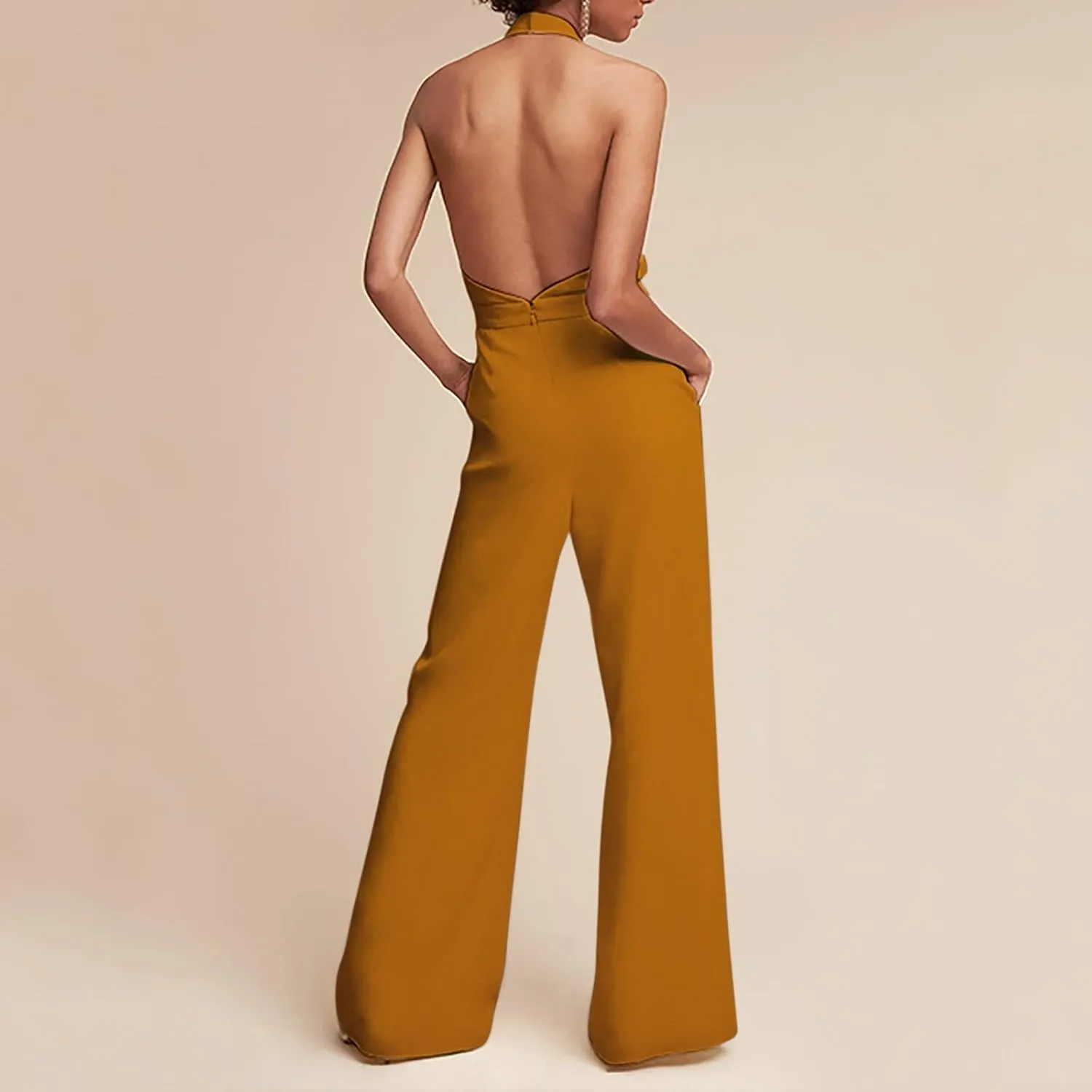 Women's Sexy Deep V Neck Halter Jumpsuits High Waist Wide Leg Long Pants Wedding Rompers Overalls with Pockets