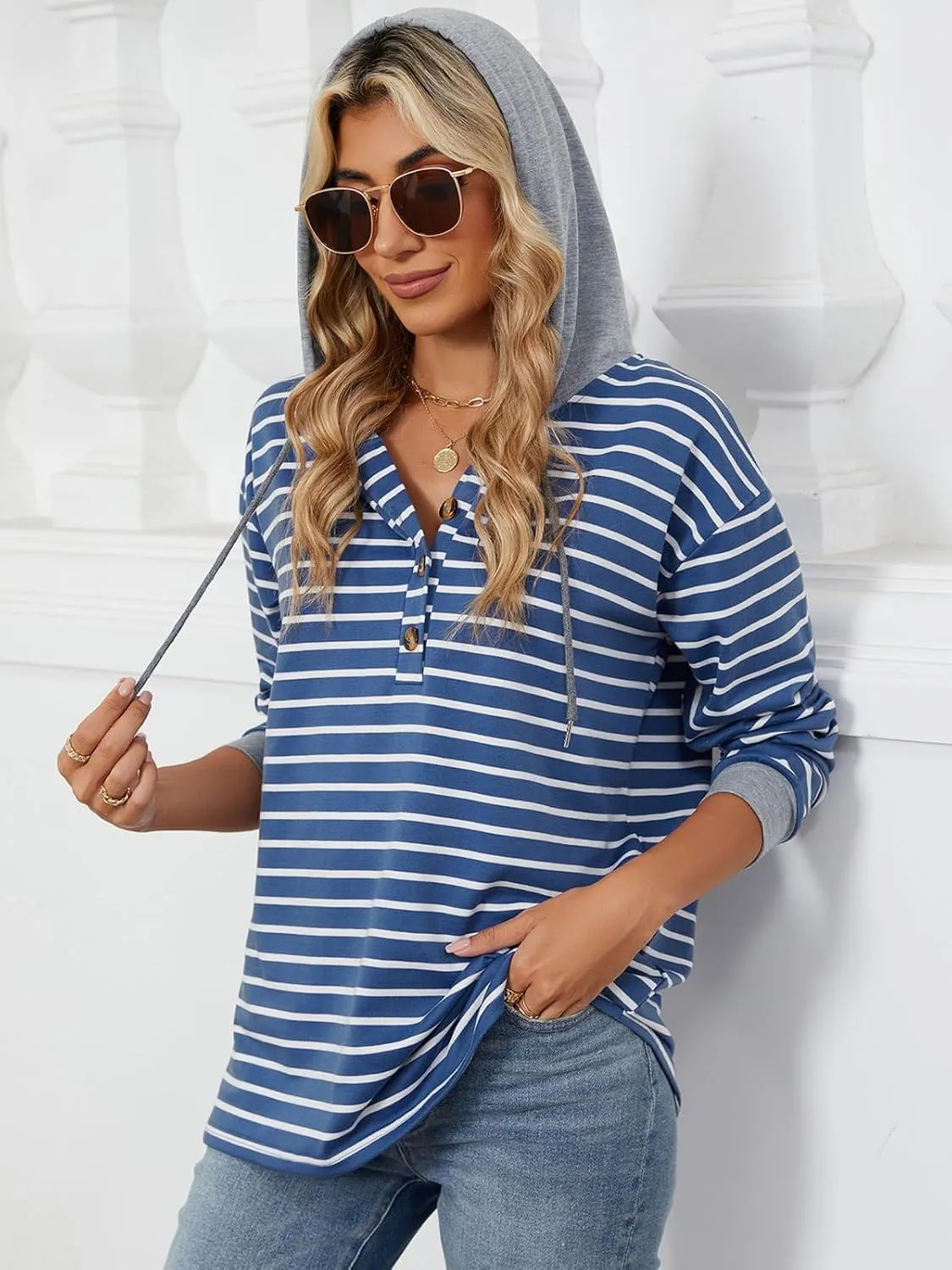 Womens Striped Oversized Hoodies Sweatshirts Color Block Long Sleeve Button Down Drawstring Casual Pullover Tops