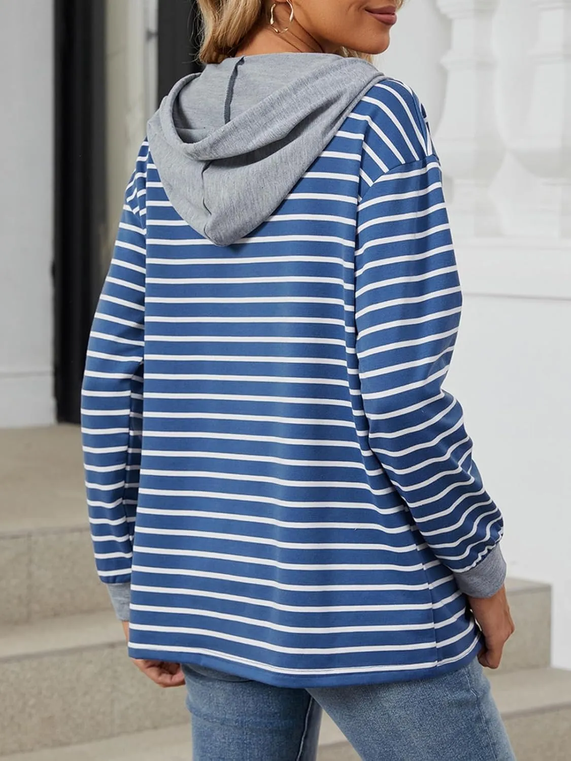 Womens Striped Oversized Hoodies Sweatshirts Color Block Long Sleeve Button Down Drawstring Casual Pullover Tops