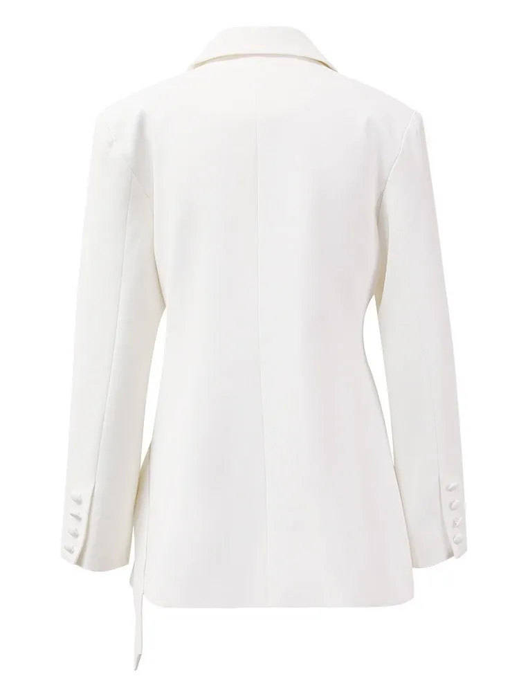 Women's White Long Sleeves Asymmetric Blazer