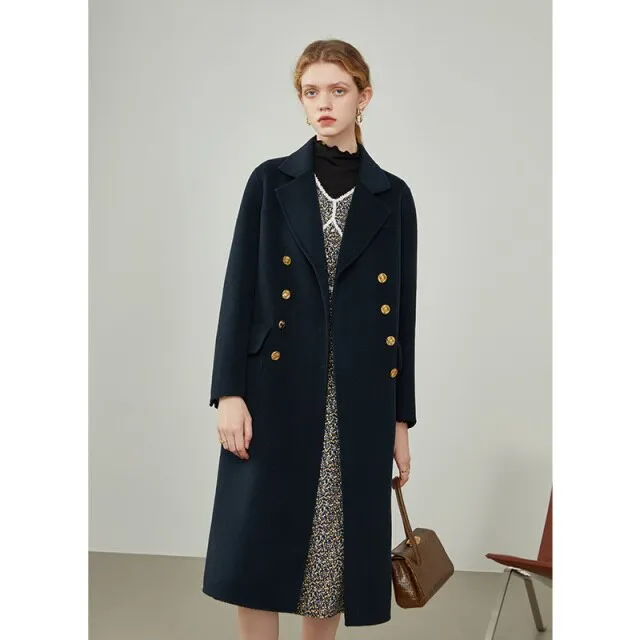 Women's Winter Temperament Dark Blue Double-breasted Metal Buckles Straight Jacket Women Camel Warm Long Woolen Coats