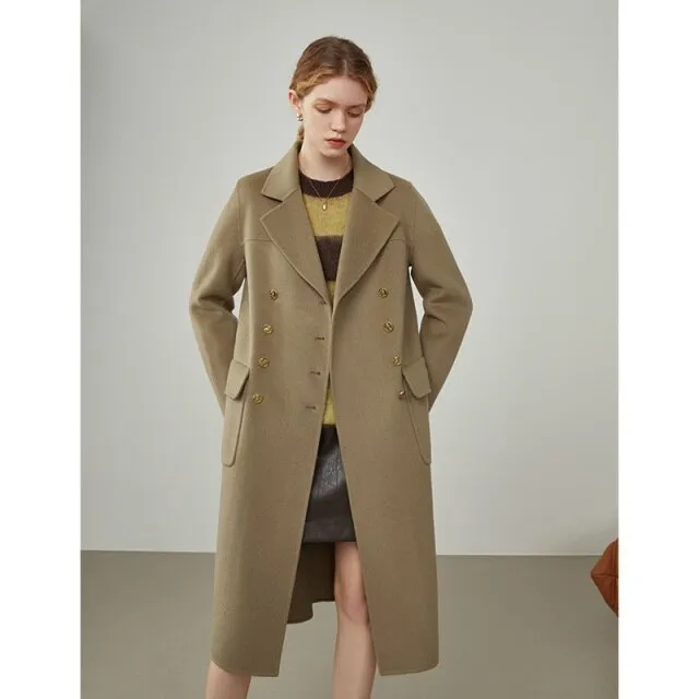 Women's Winter Temperament Dark Blue Double-breasted Metal Buckles Straight Jacket Women Camel Warm Long Woolen Coats