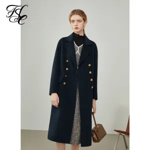 Women's Winter Temperament Dark Blue Double-breasted Metal Buckles Straight Jacket Women Camel Warm Long Woolen Coats