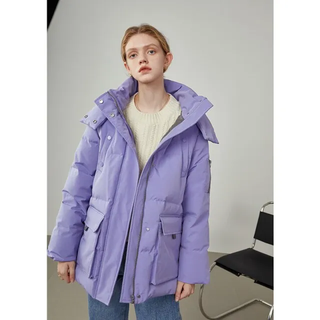 Women's Winter Tooling Down Jackets Loose Green Big Pocket 90 White Duck Down Coats Women Hooded Thicken Red Coat