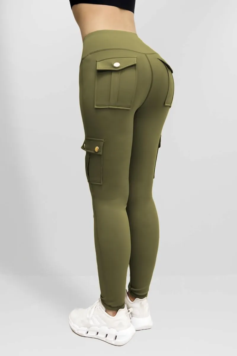 Workout Cargo Leggings for Women High Waist Tummy Control Yoga Butt Lifting Leggings Gym Tights with Flap Pockets