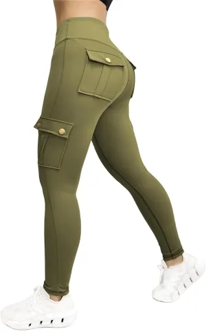 Workout Cargo Leggings for Women High Waist Tummy Control Yoga Butt Lifting Leggings Gym Tights with Flap Pockets