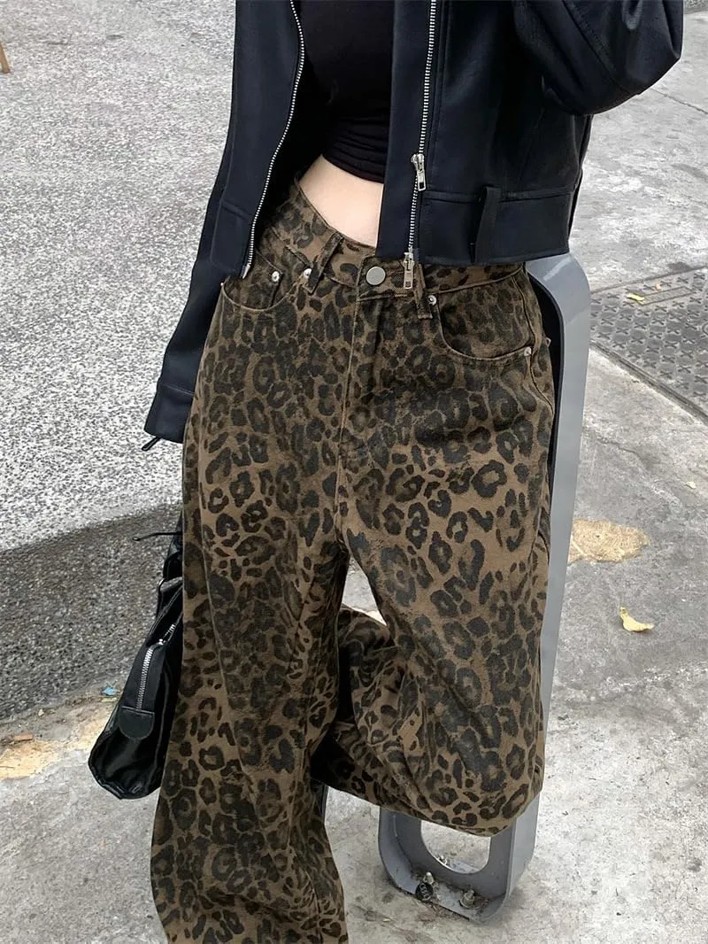 XPONNI Y2k Jeans Animal Print Y2k Pants Leopard Print Womens Baggy Wide Leg Jeans 2000s Mcbling Grunge Clothes