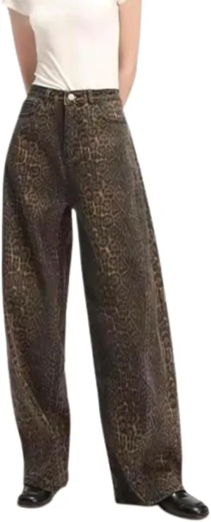 XPONNI Y2k Jeans Animal Print Y2k Pants Leopard Print Womens Baggy Wide Leg Jeans 2000s Mcbling Grunge Clothes