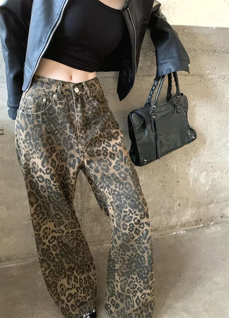 XPONNI Y2k Jeans Animal Print Y2k Pants Leopard Print Womens Baggy Wide Leg Jeans 2000s Mcbling Grunge Clothes
