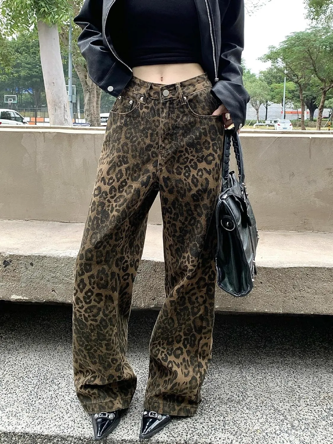 XPONNI Y2k Jeans Animal Print Y2k Pants Leopard Print Womens Baggy Wide Leg Jeans 2000s Mcbling Grunge Clothes