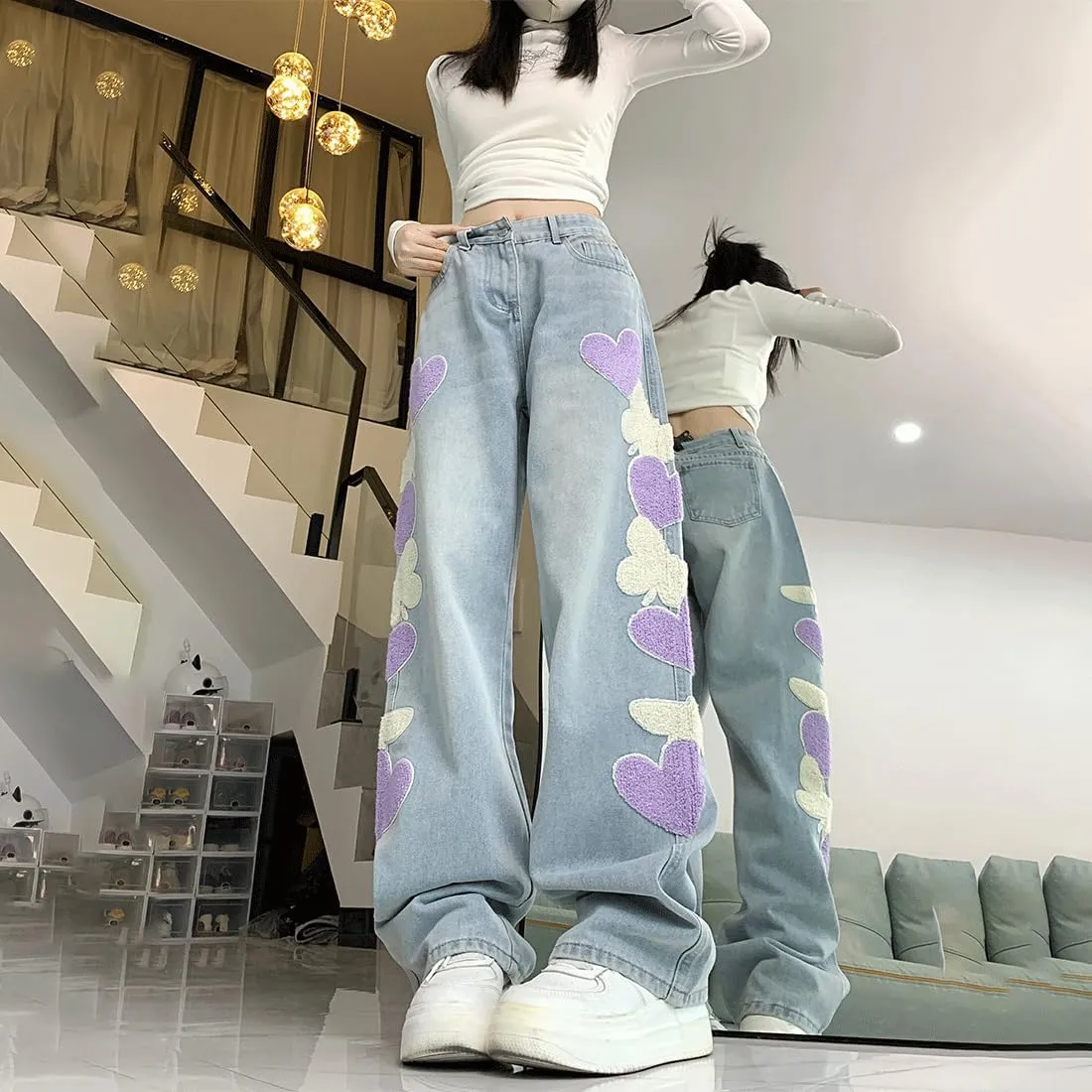 Y2K Goth Vintage Casual High Waisted Loose Straight Wide Leg Purple Heart Butterfly Embroidery Jeans for Women