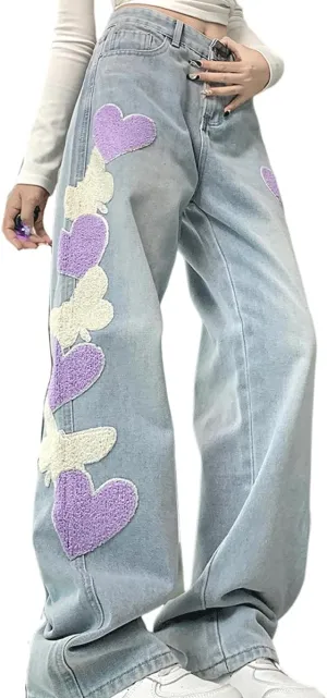 Y2K Goth Vintage Casual High Waisted Loose Straight Wide Leg Purple Heart Butterfly Embroidery Jeans for Women