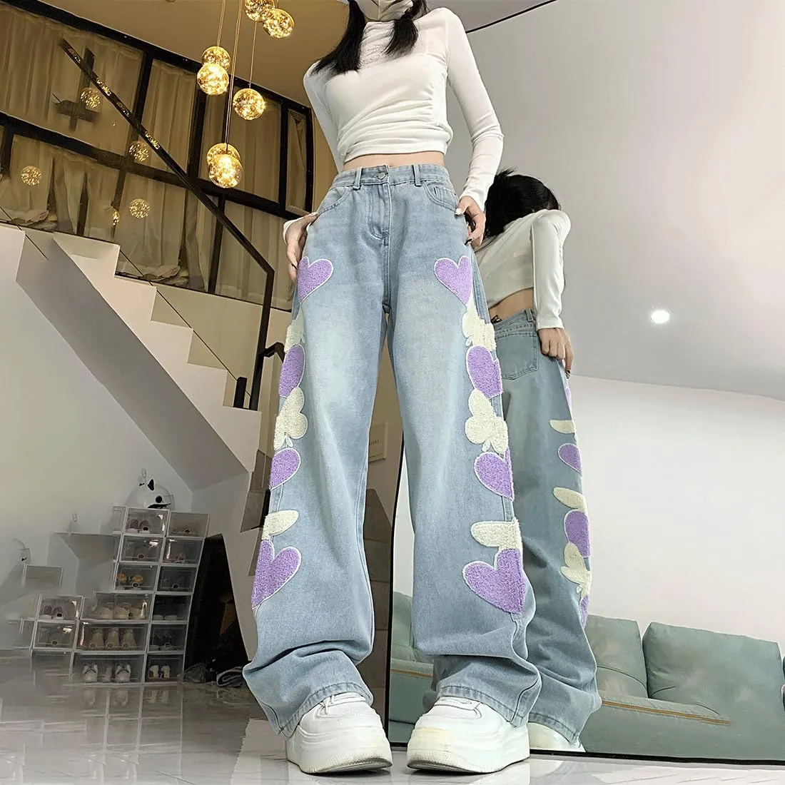 Y2K Goth Vintage Casual High Waisted Loose Straight Wide Leg Purple Heart Butterfly Embroidery Jeans for Women