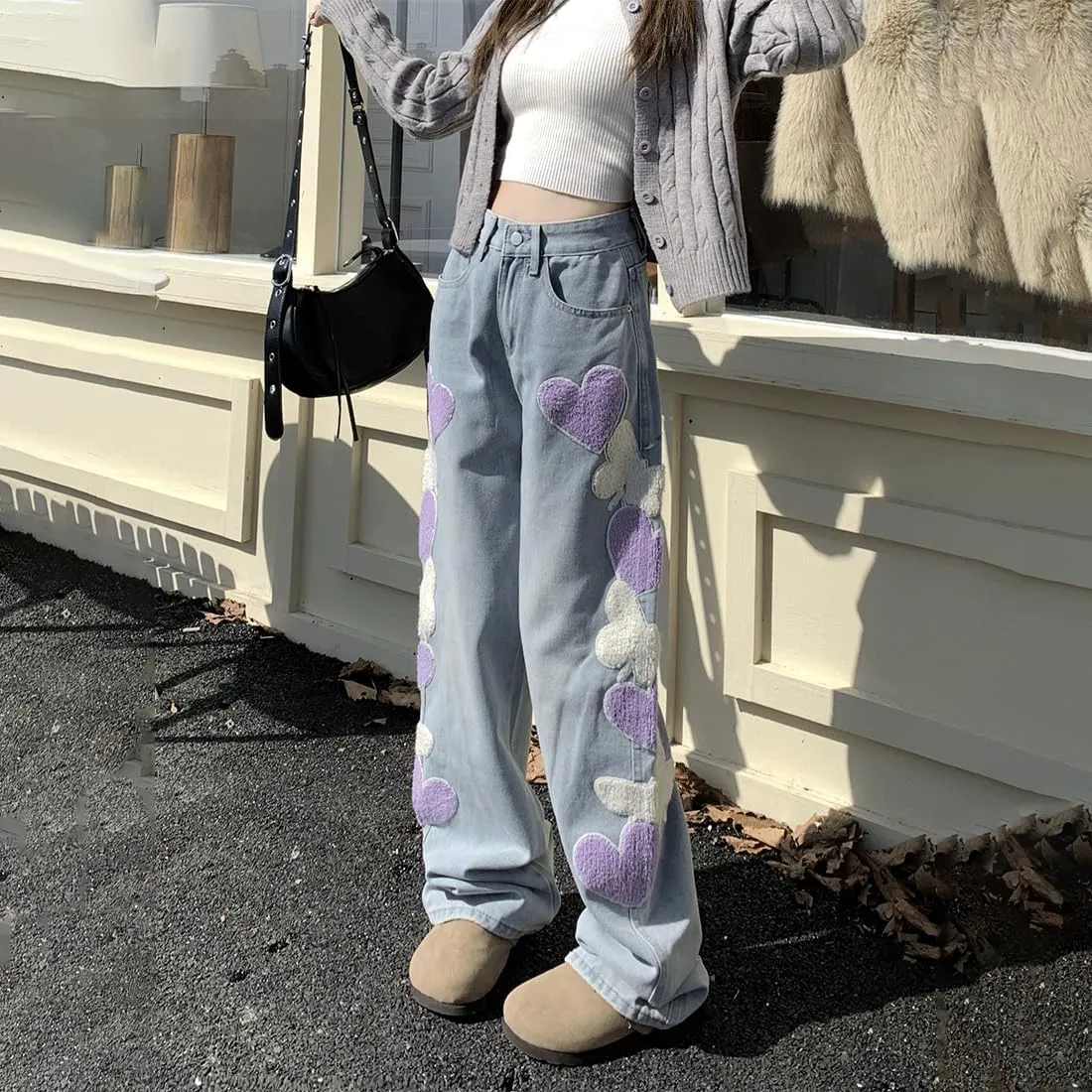 Y2K Goth Vintage Casual High Waisted Loose Straight Wide Leg Purple Heart Butterfly Embroidery Jeans for Women