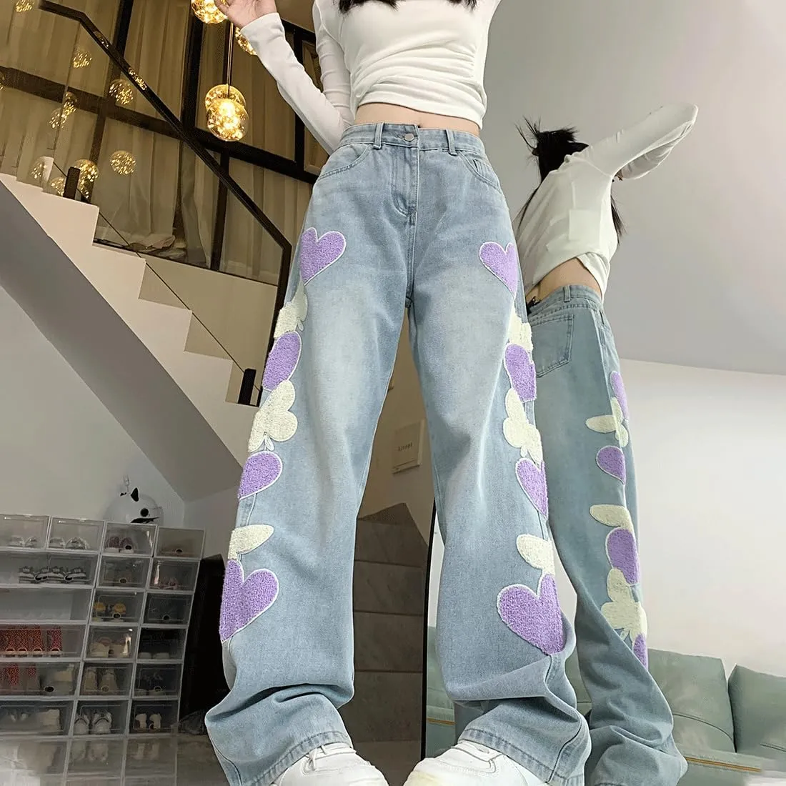 Y2K Goth Vintage Casual High Waisted Loose Straight Wide Leg Purple Heart Butterfly Embroidery Jeans for Women