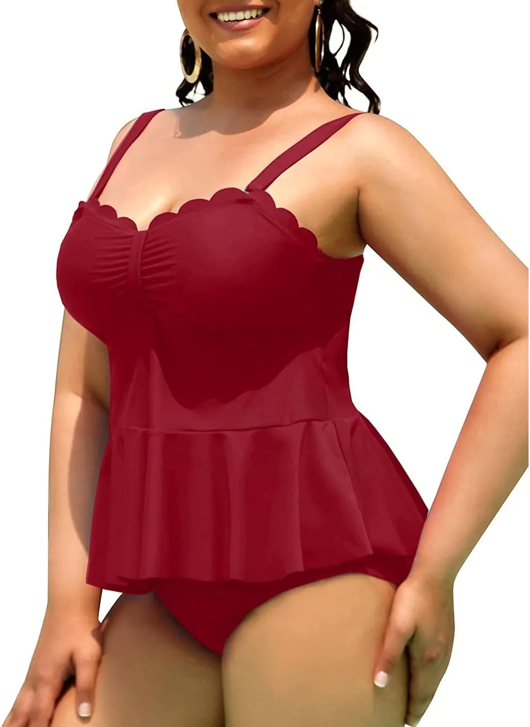 Yonique Women Plus Size 2 Piece Tankini Swimsuits Ruched Bathing Suits Peplum Swimwear Scalloped Swimsuits