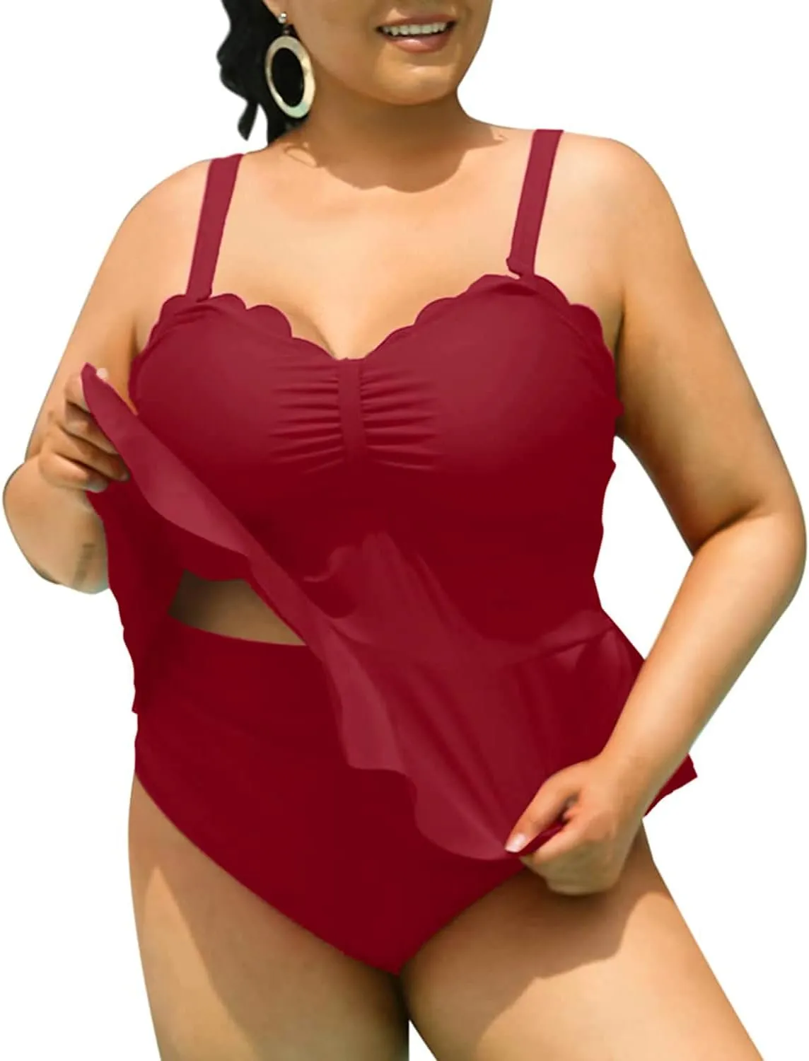 Yonique Women Plus Size 2 Piece Tankini Swimsuits Ruched Bathing Suits Peplum Swimwear Scalloped Swimsuits