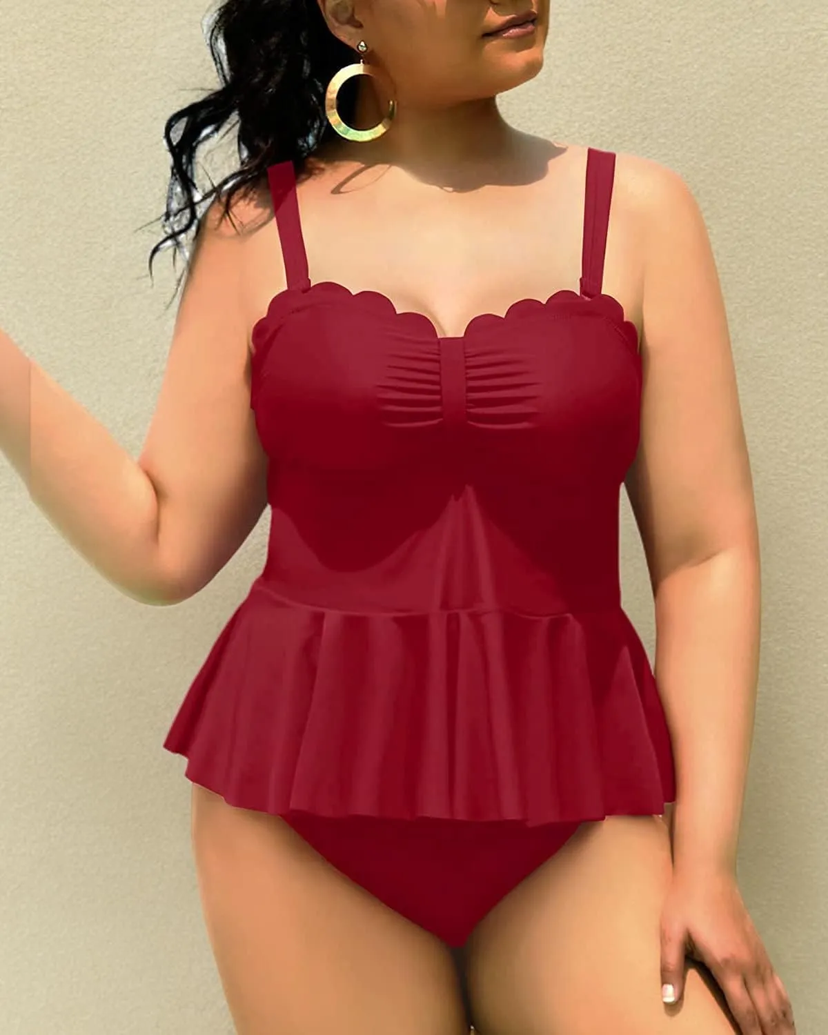 Yonique Women Plus Size 2 Piece Tankini Swimsuits Ruched Bathing Suits Peplum Swimwear Scalloped Swimsuits