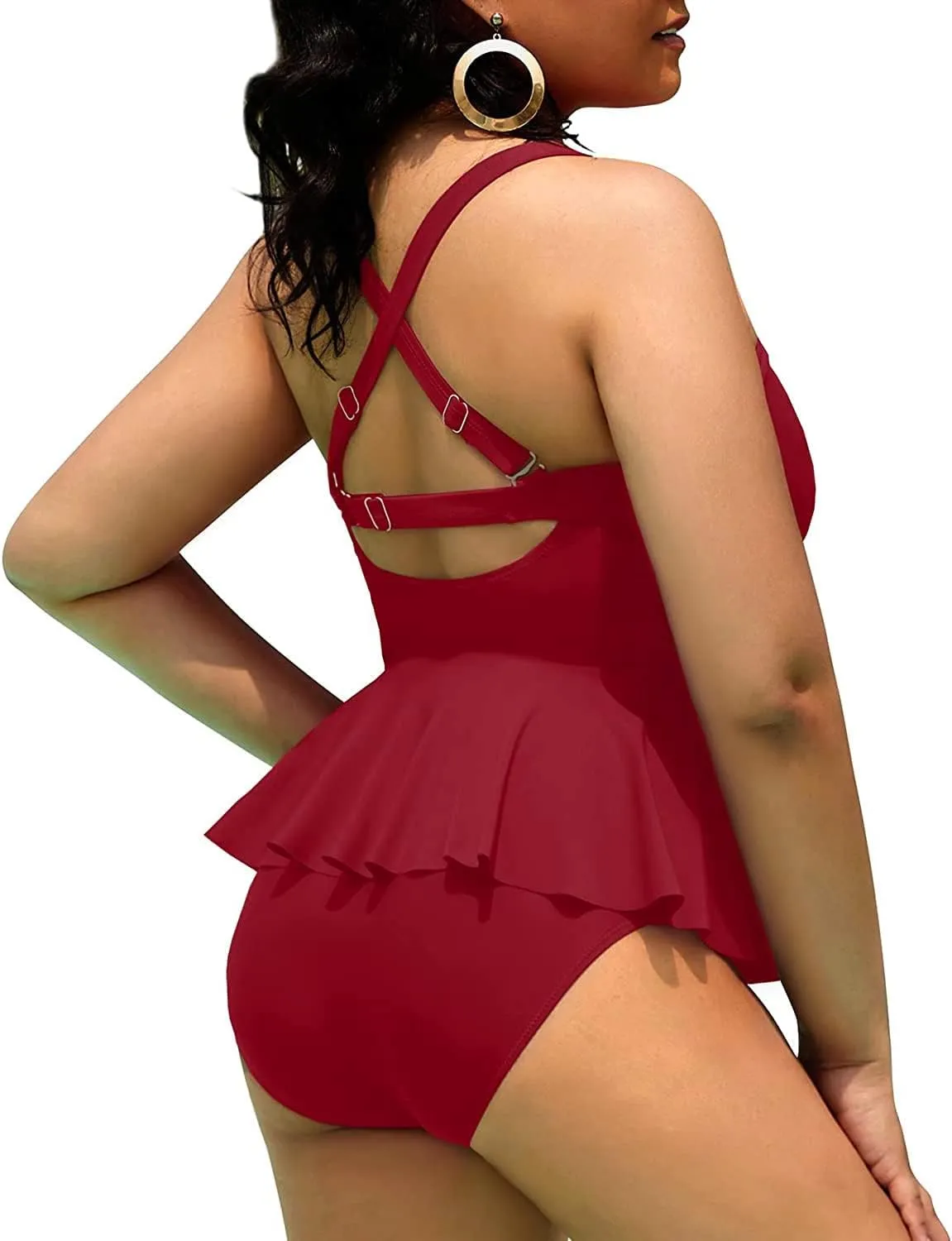Yonique Women Plus Size 2 Piece Tankini Swimsuits Ruched Bathing Suits Peplum Swimwear Scalloped Swimsuits
