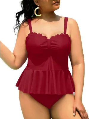 Yonique Women Plus Size 2 Piece Tankini Swimsuits Ruched Bathing Suits Peplum Swimwear Scalloped Swimsuits