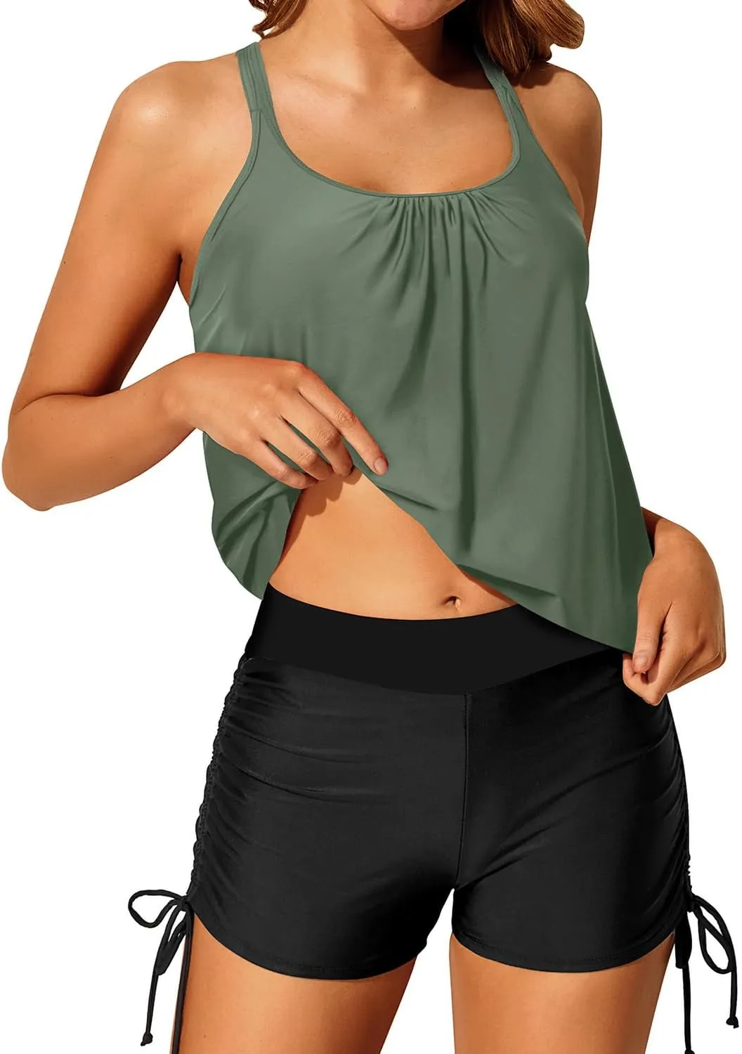 Yonique Womens Blouson Tankini Swimsuits Two Piece Strappy Bathing Suit Tops with Shorts Criss Cross Swimwear