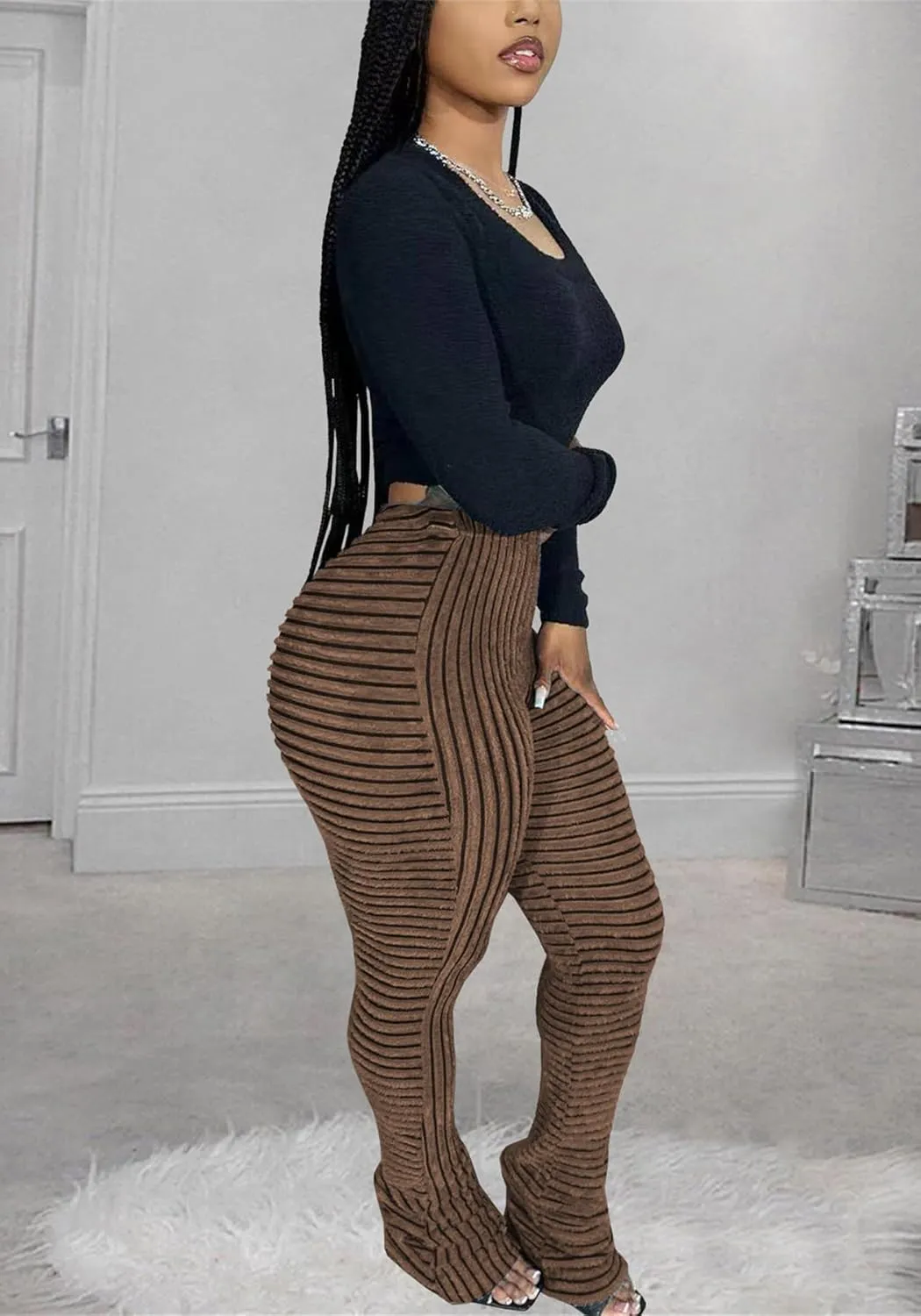 YOOTIKO Women Stacked Pants Flare Sweatpants High Waisted Striped Fuzzy Lounge Butt Lifting Leggings