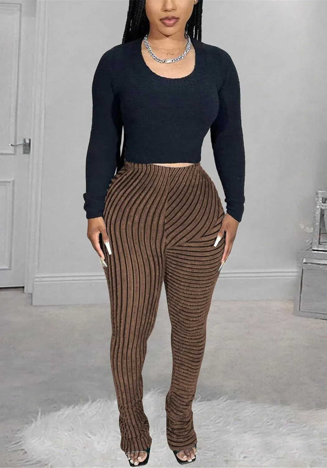 YOOTIKO Women Stacked Pants Flare Sweatpants High Waisted Striped Fuzzy Lounge Butt Lifting Leggings