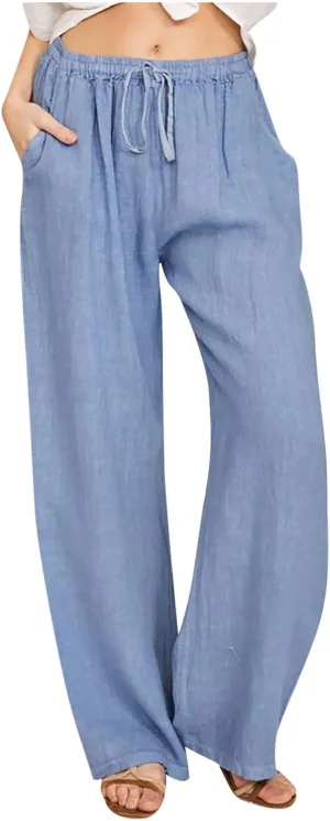 YRAETENM Casual Linen Pants for Women Wide Leg Baggy Flowy Beach Trousers Summer Elastic High Waisted Palazzo Pants