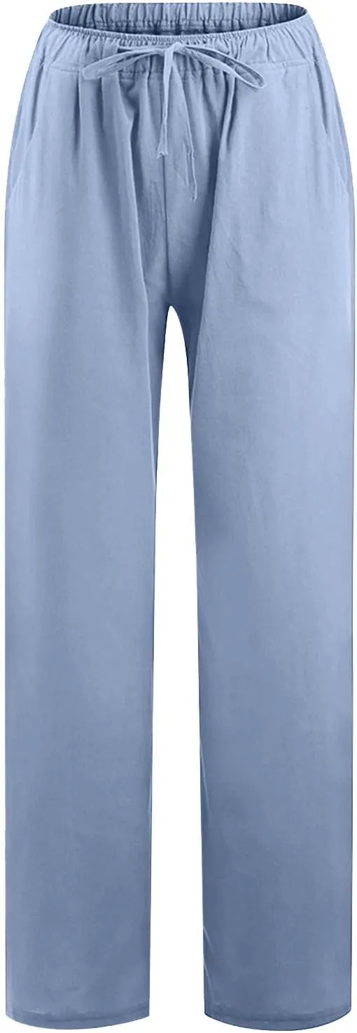 YRAETENM Casual Linen Pants for Women Wide Leg Baggy Flowy Beach Trousers Summer Elastic High Waisted Palazzo Pants