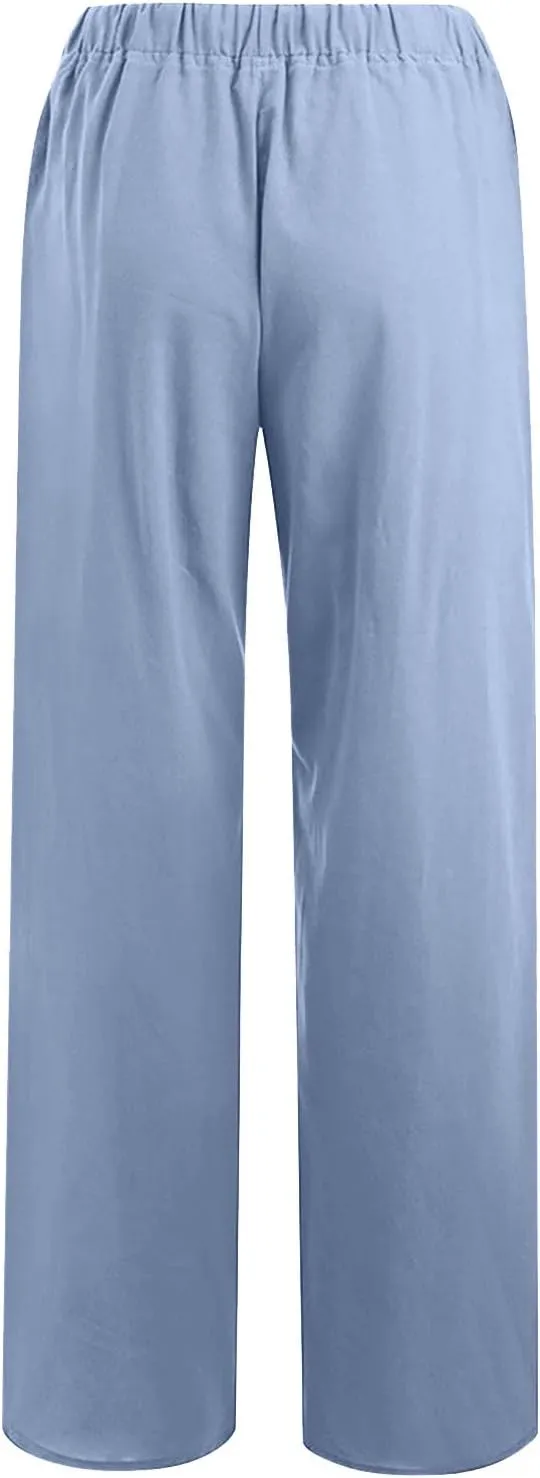YRAETENM Casual Linen Pants for Women Wide Leg Baggy Flowy Beach Trousers Summer Elastic High Waisted Palazzo Pants