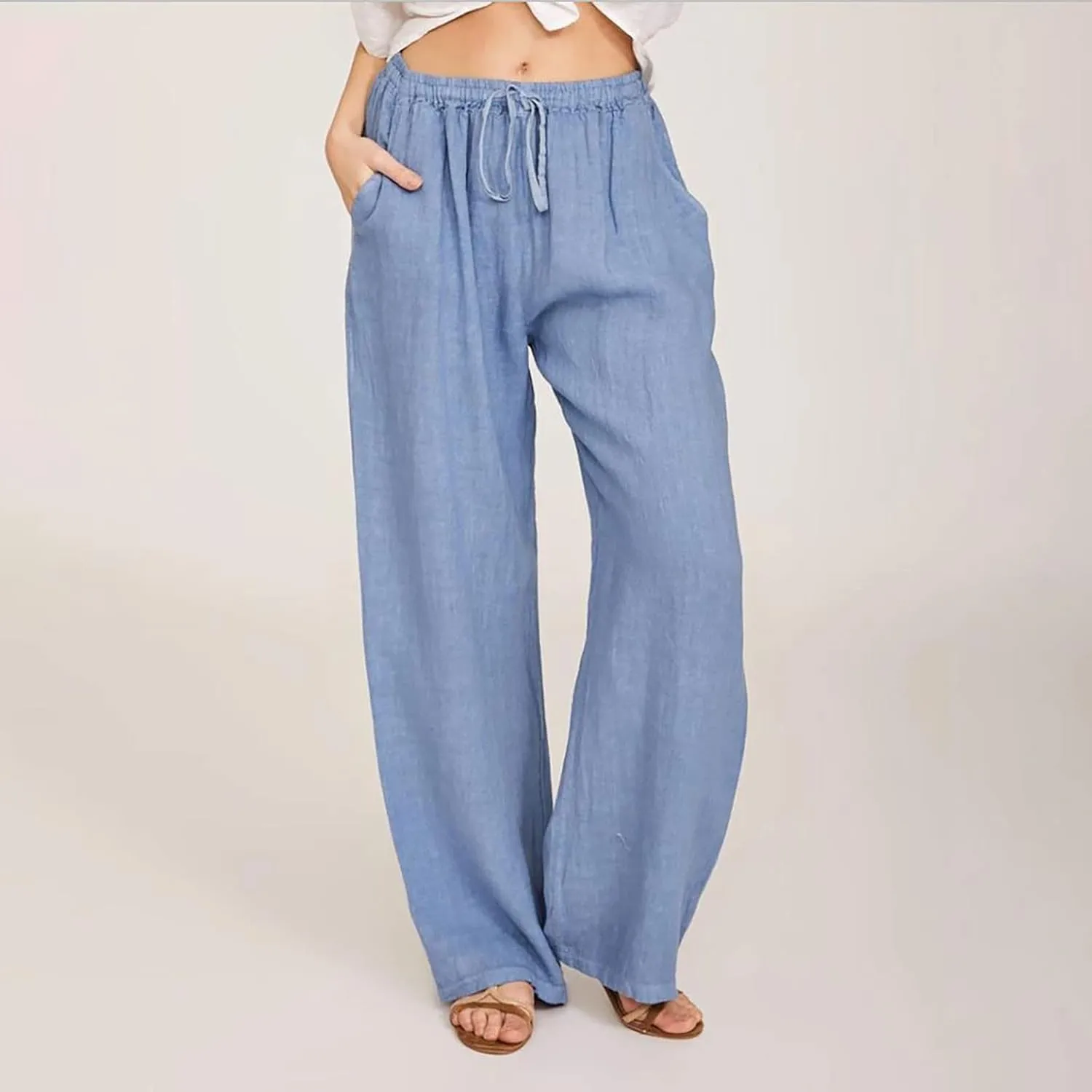 YRAETENM Casual Linen Pants for Women Wide Leg Baggy Flowy Beach Trousers Summer Elastic High Waisted Palazzo Pants