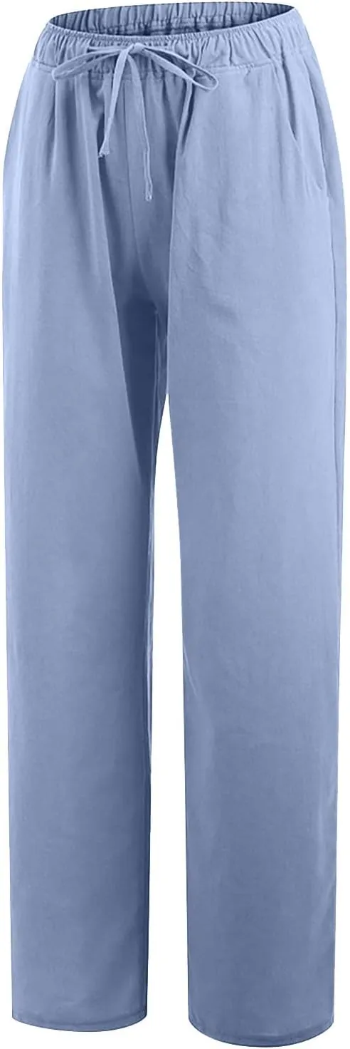 YRAETENM Casual Linen Pants for Women Wide Leg Baggy Flowy Beach Trousers Summer Elastic High Waisted Palazzo Pants