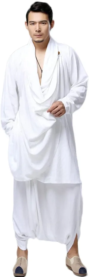 Ystylee Mens Zen Meditation Outfit Tai Chi Kung Fu Clothing Cotton Linen Long Shirt Hippie Gspsy Harem Pants (as1, alpha, m, regular, regular, White)